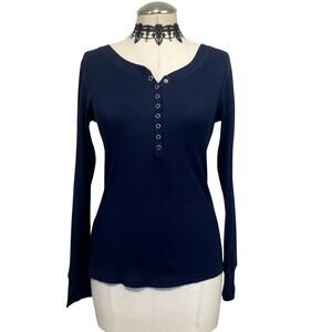 Grunge Y2K Navy Waffle Knit Thermal Henley Long Sleeve Emo Goth